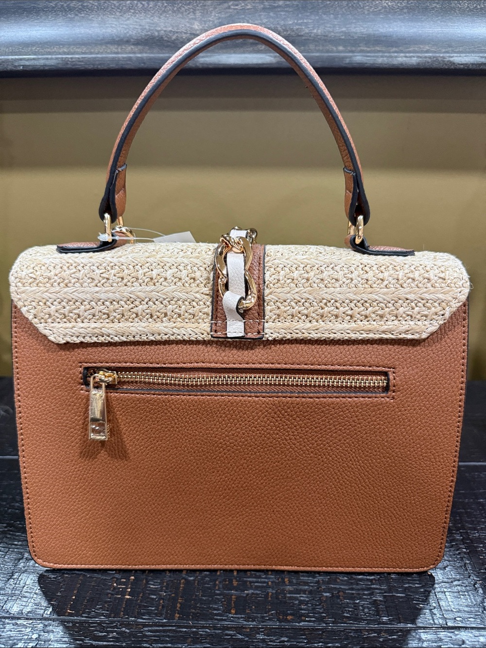 ALDO Tan, Cream & Straw Woven Top-Handle Satchel with Cardholder - Picture 3 of 8